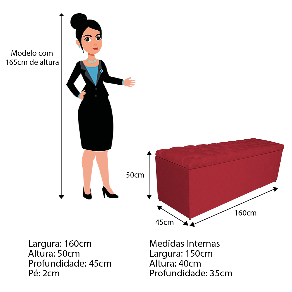 Calçadeira Estofada Liverpool 160 cm Queen Size Suede Vermelho - Amarena Móveis