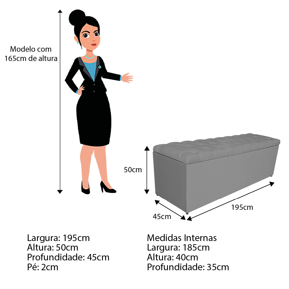 Calçadeira Estofada Liverpool 195 cm King Size Corano Cinza - Amarena Móveis