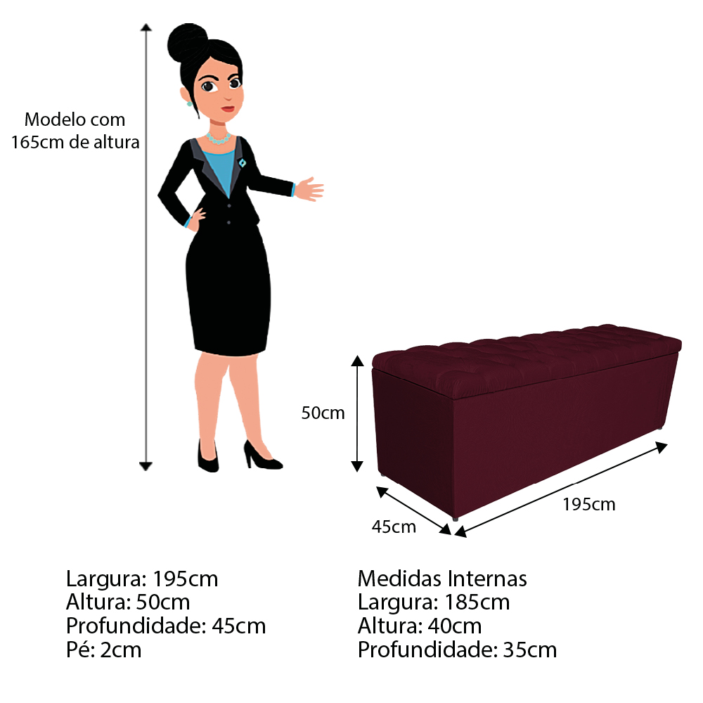 Calçadeira Estofada Liverpool 195 cm King Size Suede Bordô - Amarena Móveis