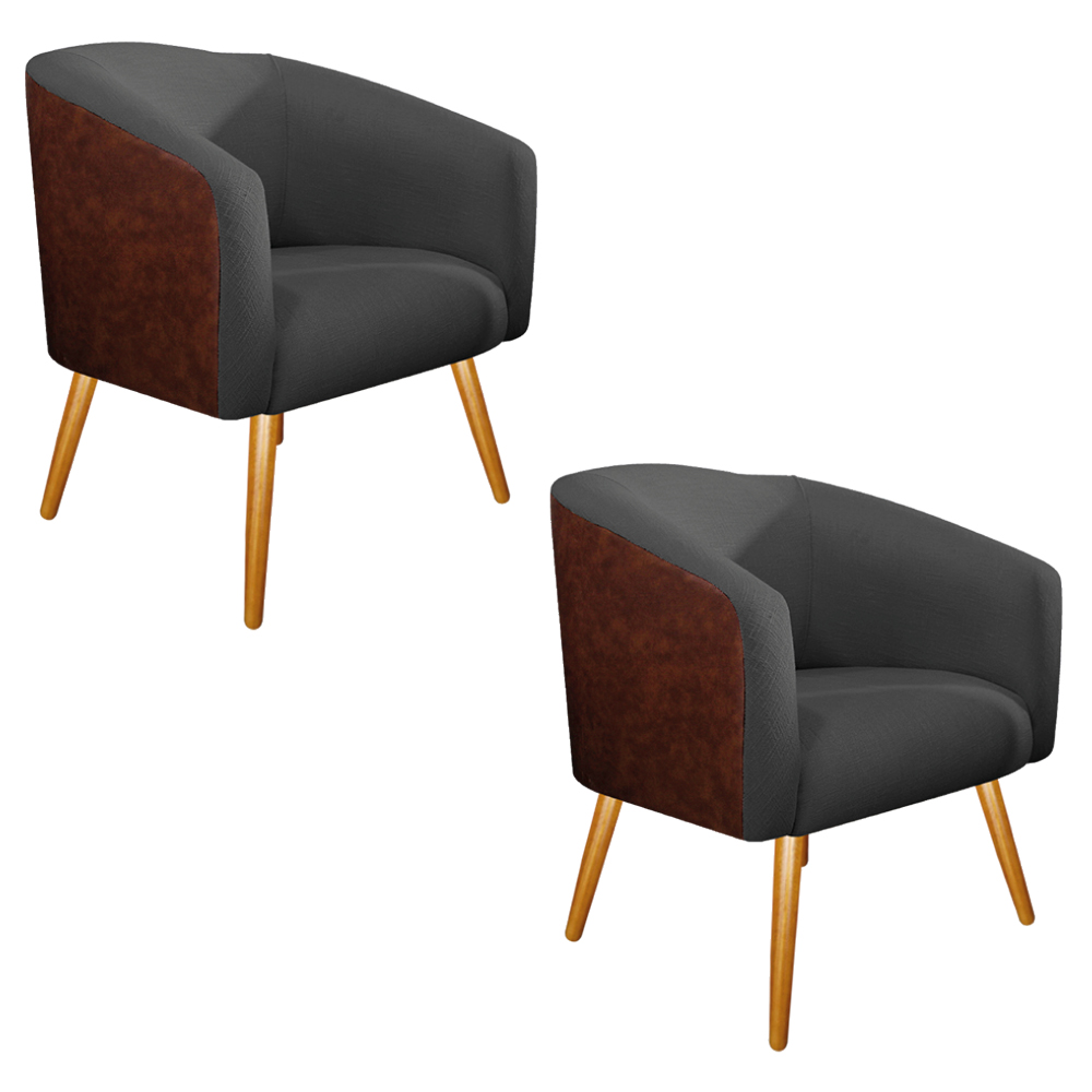 Kit 02 Poltronas Luiza Couro Ecológico Nozes e Linho Chumbo - Amarena Móveis