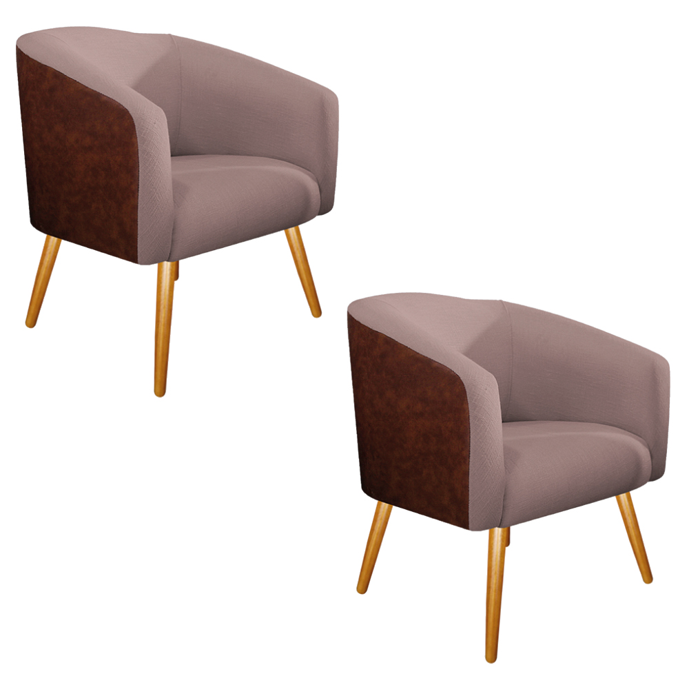 Kit 02 Poltronas Luiza Couro Ecológico Nozes e Linho Rosê - Amarena Móveis