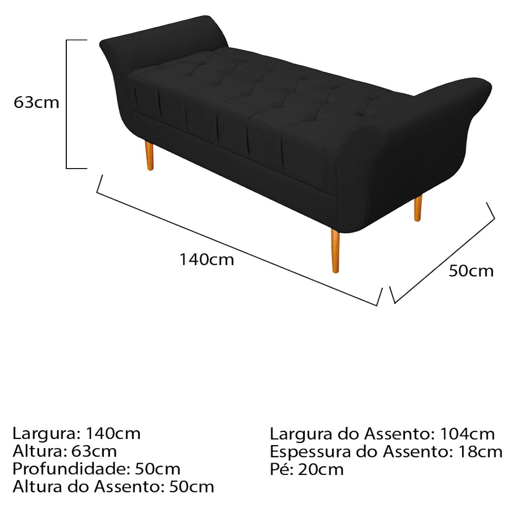 Kit Cabeceira Lady e Recamier Ari 140 cm Casal Corano Preto - Amarena Móveis