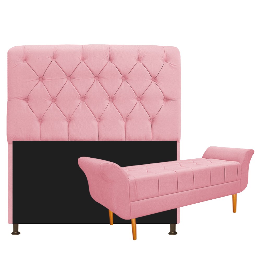 Kit Cabeceira Lady e Recamier Ari 140 cm Casal Suede Rosa Bebê - Amarena Móveis