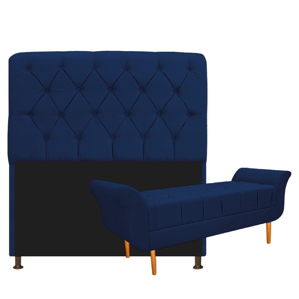 Kit Cabeceira Lady e Recamier Ari 90 cm Solteiro Suede Azul Marinho - Amarena Móveis