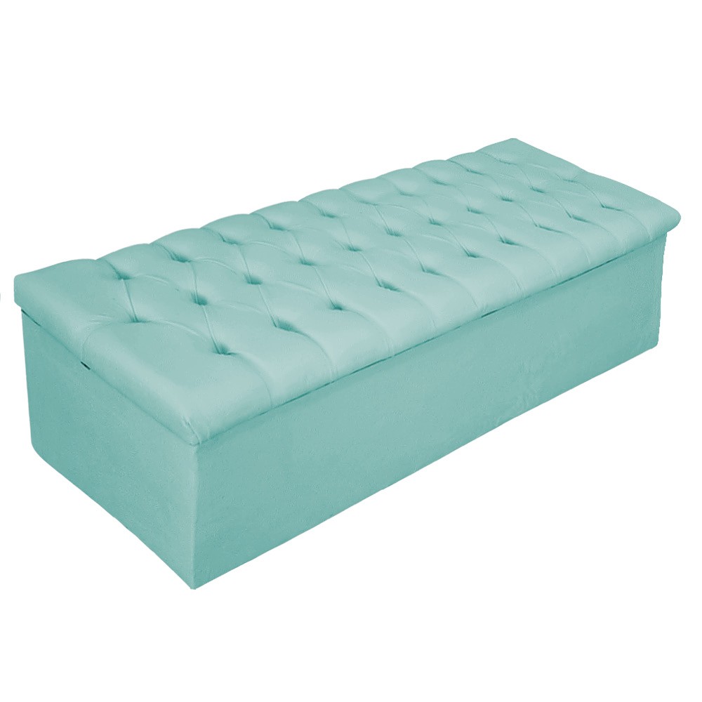 Kit Cabeceira e Calçadeira Baú Estofada Mel 140 cm Casal Com Botonê  Suede Azul Tiffany - Amarena Móveis