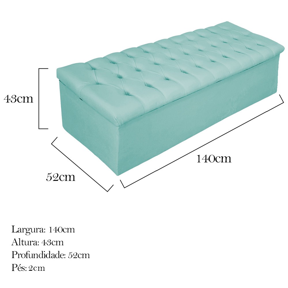 Kit Cabeceira e Calçadeira Baú Estofada Mel 140 cm Casal Com Botonê  Suede Azul Tiffany - Amarena Móveis