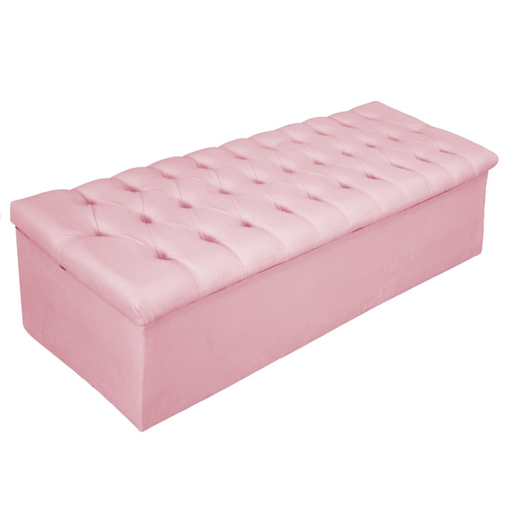 Kit Cabeceira e Calçadeira Baú Estofada Mel 140 cm Casal Com Botonê  Suede Rosa Bebê - Amarena Móveis