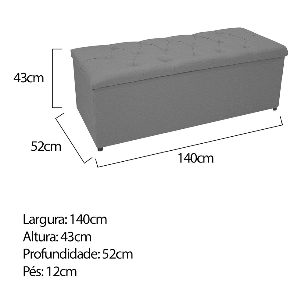 Kit Cabeceira e Calçadeira Baú Estofada Mel 140 cm Casal Com Capitonê Corano Cinza - Amarena Móveis