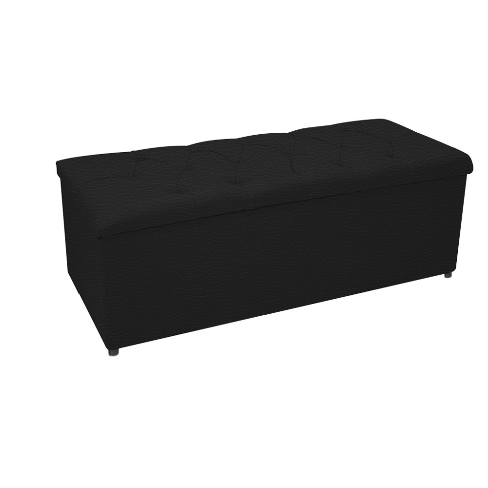 Kit Cabeceira e Calçadeira Baú Estofada Mel 140 cm Casal Com Capitonê Corano Preto - Amarena Móveis