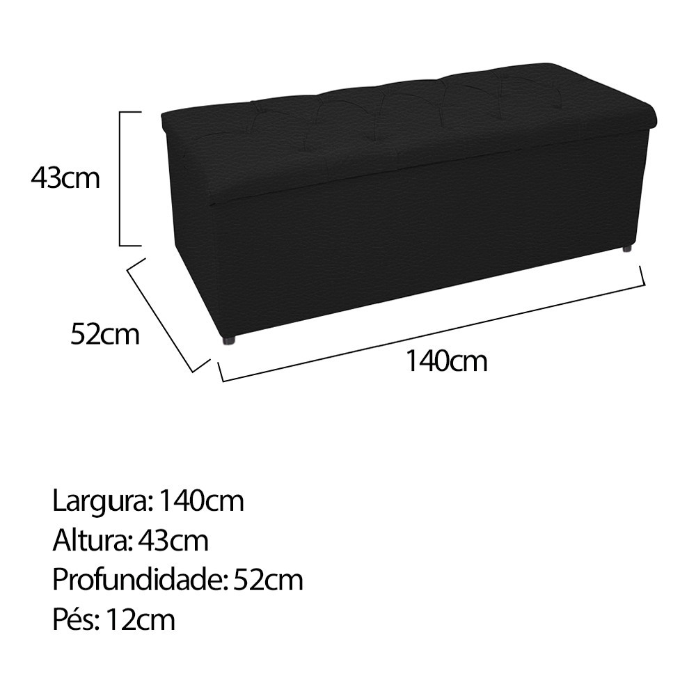 Kit Cabeceira e Calçadeira Baú Estofada Mel 140 cm Casal Com Capitonê Corano Preto - Amarena Móveis