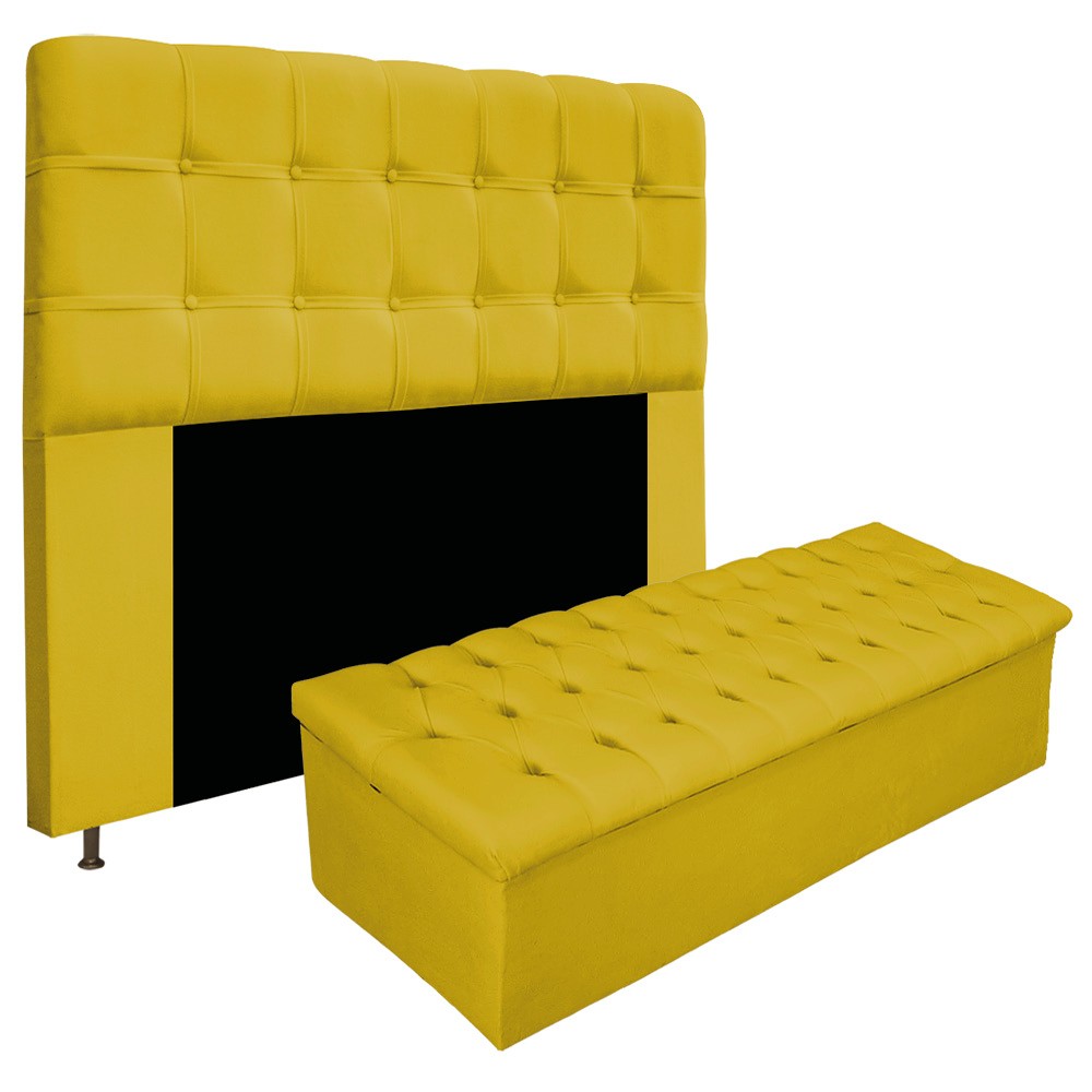 Kit Cabeceira e Calçadeira Baú Estofada Mel 140 cm Casal Com Capitonê Suede Amarelo - Amarena Móveis