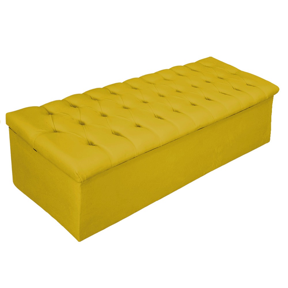 Kit Cabeceira e Calçadeira Baú Estofada Mel 140 cm Casal Com Capitonê Suede Amarelo - Amarena Móveis