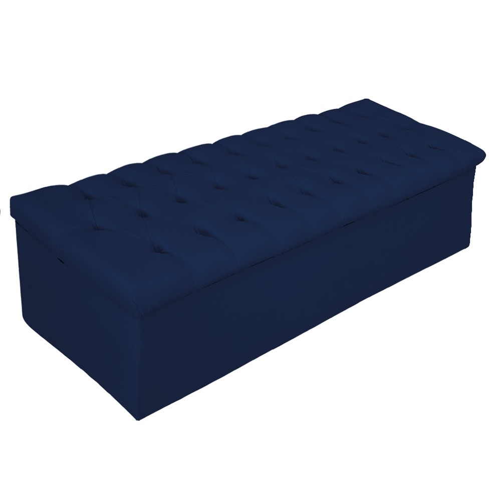 Kit Cabeceira e Calçadeira Baú Estofada Mel 140 cm Casal Com Capitonê Suede Azul Marinho - Amarena Móveis