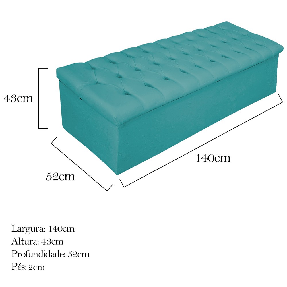 Kit Cabeceira e Calçadeira Baú Estofada Mel 140 cm Casal Com Capitonê Suede Azul Turquesa - Amarena Móveis