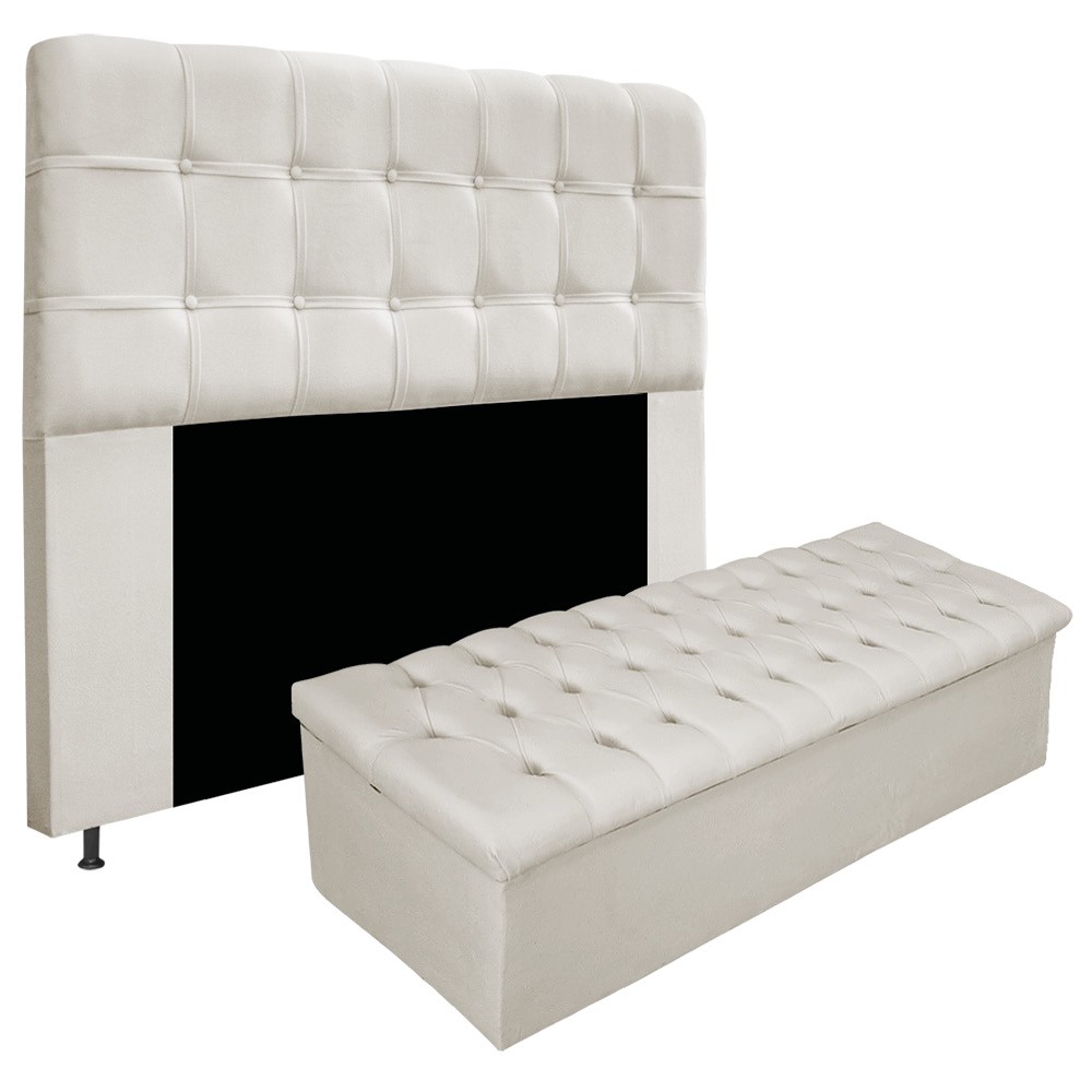 Kit Cabeceira e Calçadeira Baú Estofada Mel 140 cm Casal Com Capitonê Suede Bege - Amarena Móveis