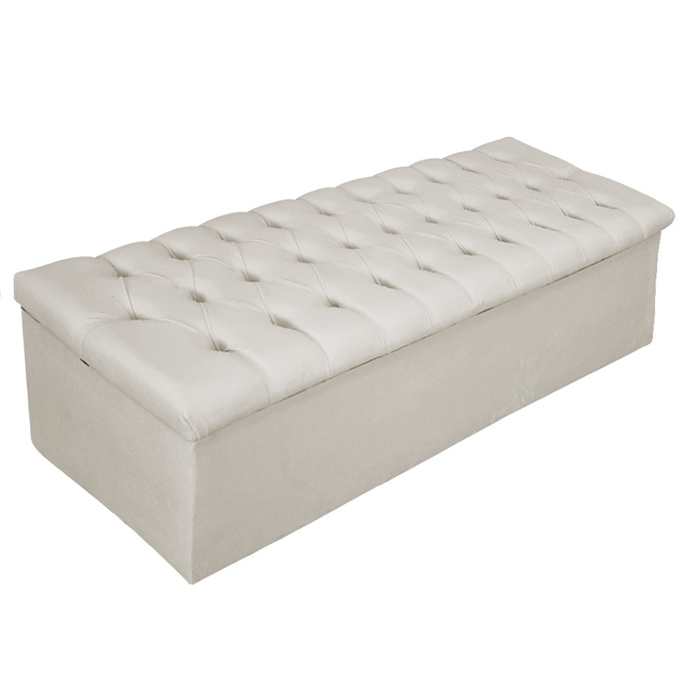 Kit Cabeceira e Calçadeira Baú Estofada Mel 140 cm Casal Com Capitonê Suede Bege - Amarena Móveis