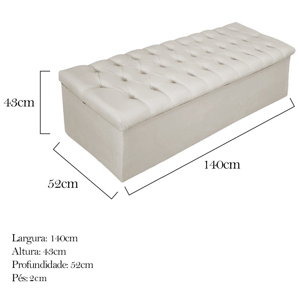 Kit Cabeceira e Calçadeira Baú Estofada Mel 140 cm Casal Com Capitonê Suede Bege - Amarena Móveis