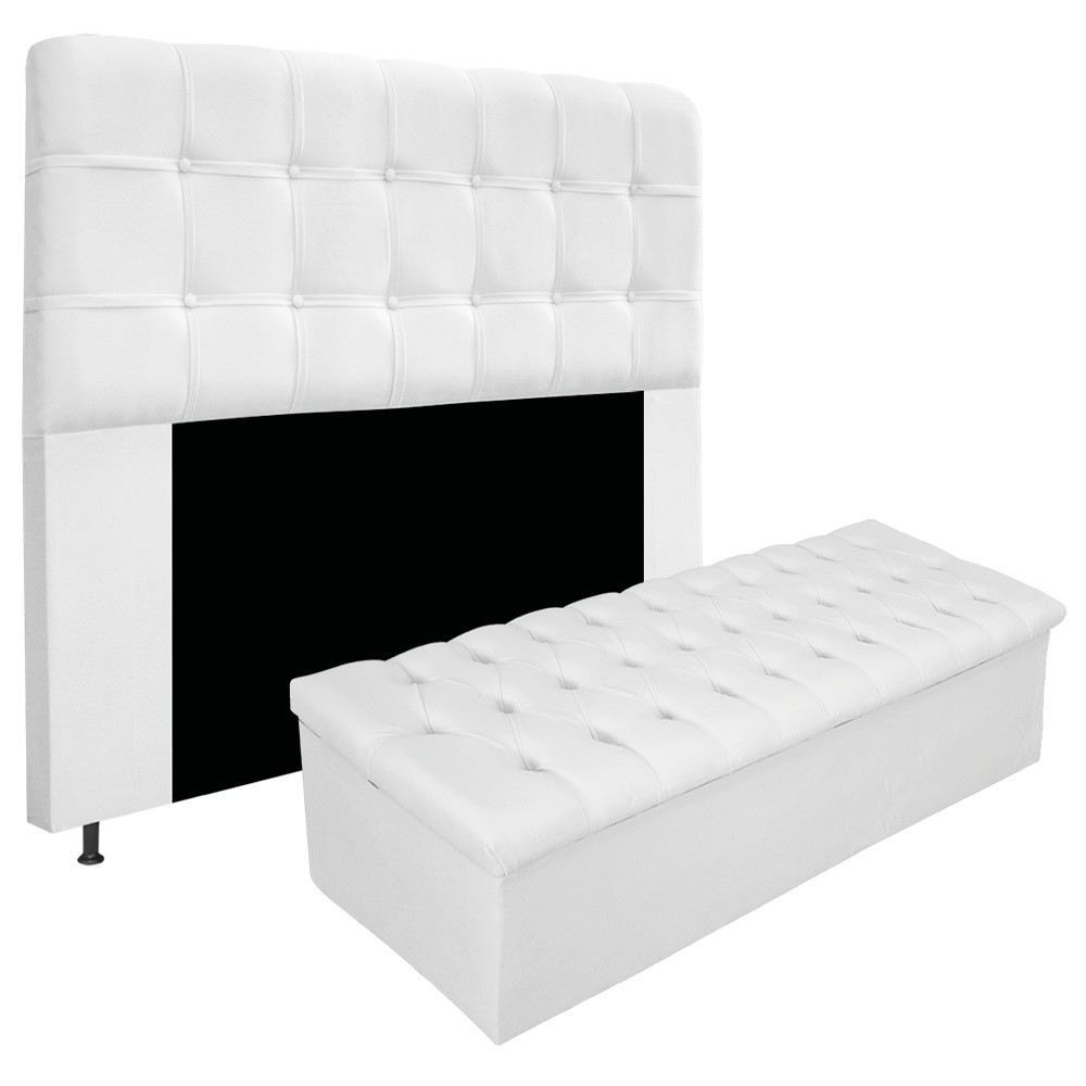 Kit Cabeceira e Calçadeira Baú Estofada Mel 140 cm Casal Com Capitonê Suede Branco - Amarena Móveis