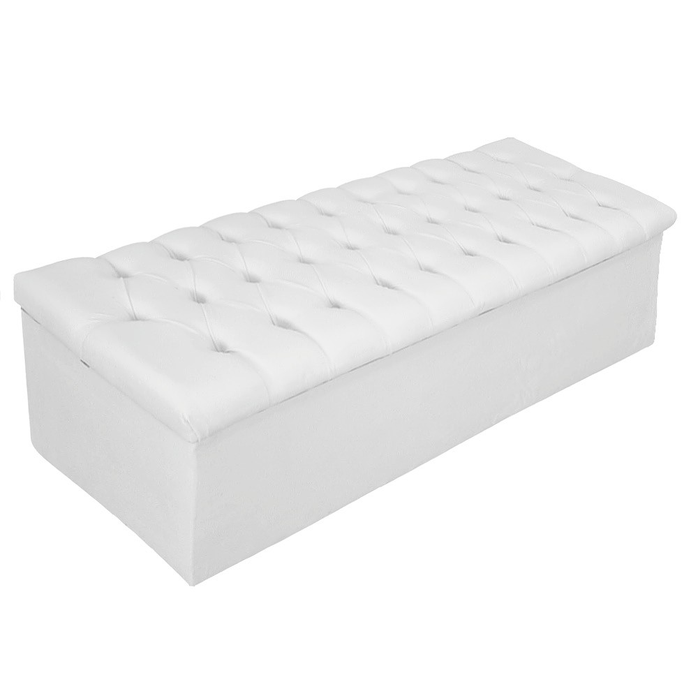 Kit Cabeceira e Calçadeira Baú Estofada Mel 140 cm Casal Com Capitonê Suede Branco - Amarena Móveis