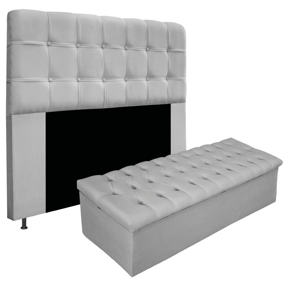 Kit Cabeceira e Calçadeira Baú Estofada Mel 140 cm Casal Com Capitonê Suede Cinza - Amarena Móveis