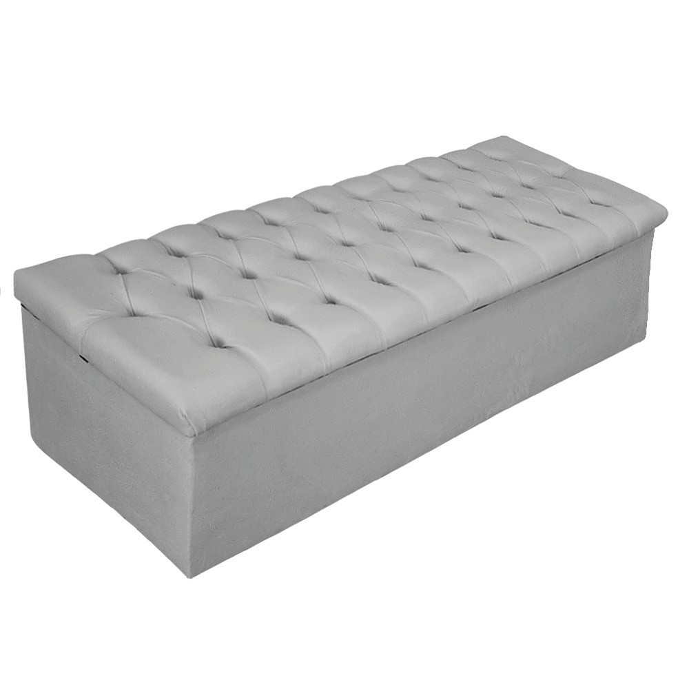 Kit Cabeceira e Calçadeira Baú Estofada Mel 140 cm Casal Com Capitonê Suede Cinza - Amarena Móveis