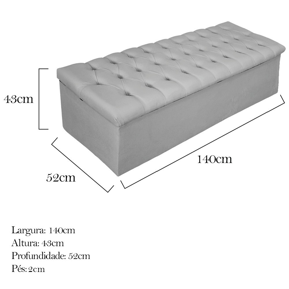 Kit Cabeceira e Calçadeira Baú Estofada Mel 140 cm Casal Com Capitonê Suede Cinza - Amarena Móveis
