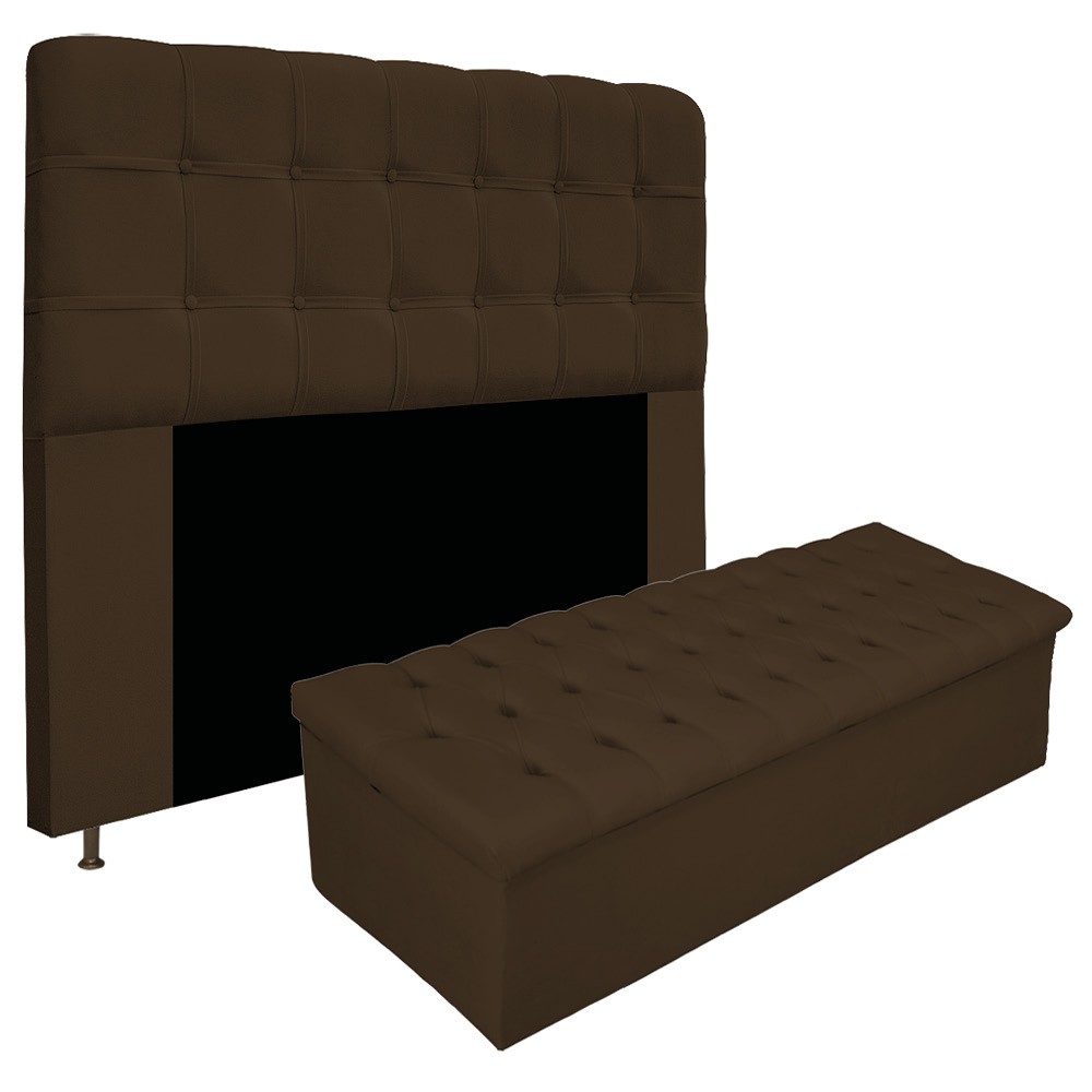 Kit Cabeceira e Calçadeira Baú Estofada Mel 140 cm Casal Com Capitonê Suede Marrom - Amarena Móveis