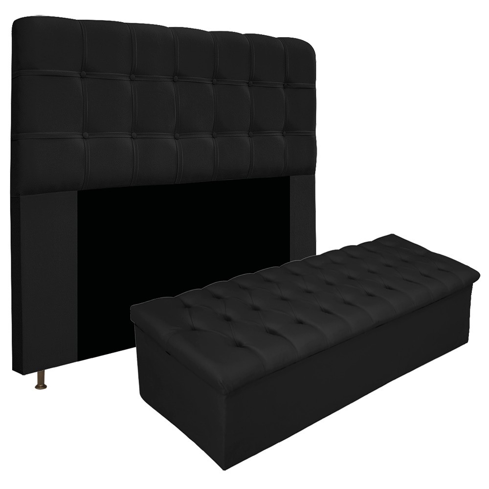 Kit Cabeceira e Calçadeira Baú Estofada Mel 140 cm Casal Com Capitonê Suede Preto - Amarena Móveis