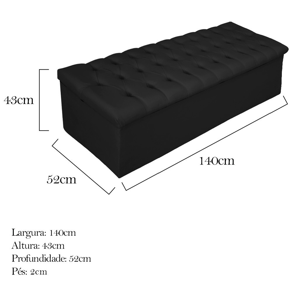 Kit Cabeceira e Calçadeira Baú Estofada Mel 140 cm Casal Com Capitonê Suede Preto - Amarena Móveis