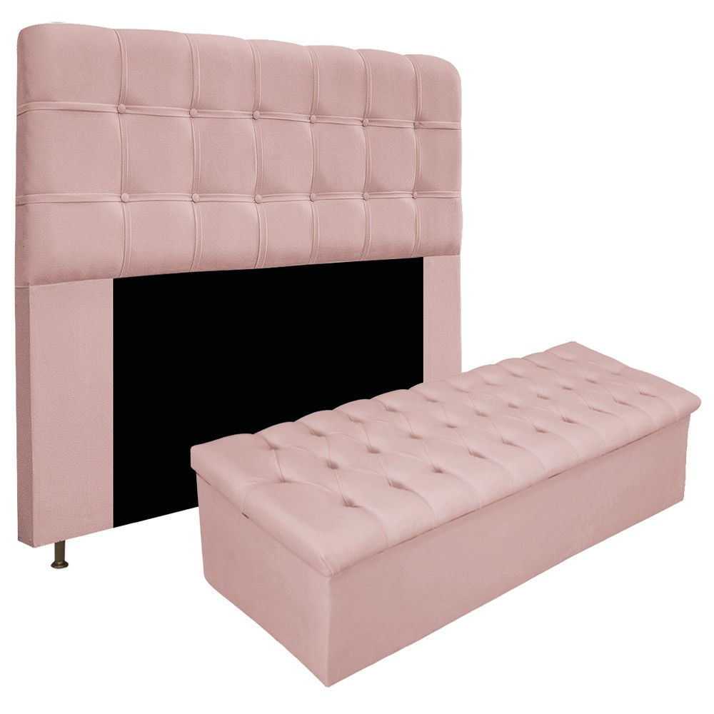 Kit Cabeceira e Calçadeira Baú Estofada Mel 140 cm Casal Com Capitonê Suede Rosê - Amarena Móveis