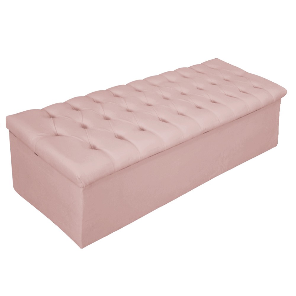 Kit Cabeceira e Calçadeira Baú Estofada Mel 140 cm Casal Com Capitonê Suede Rosê - Amarena Móveis