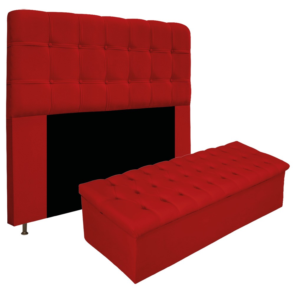 Kit Cabeceira e Calçadeira Baú Estofada Mel 140 cm Casal Com Capitonê Suede Vermelho - Amarena Móveis