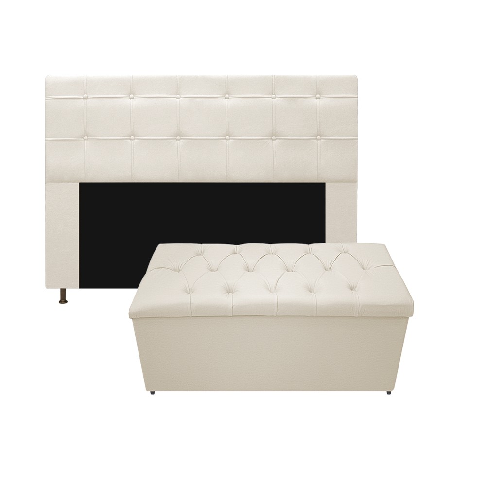 Kit Cabeceira e Calçadeira Baú Estofada Mel 160 cm Queen Size Com Capitonê Corano Bege - Amarena Móveis