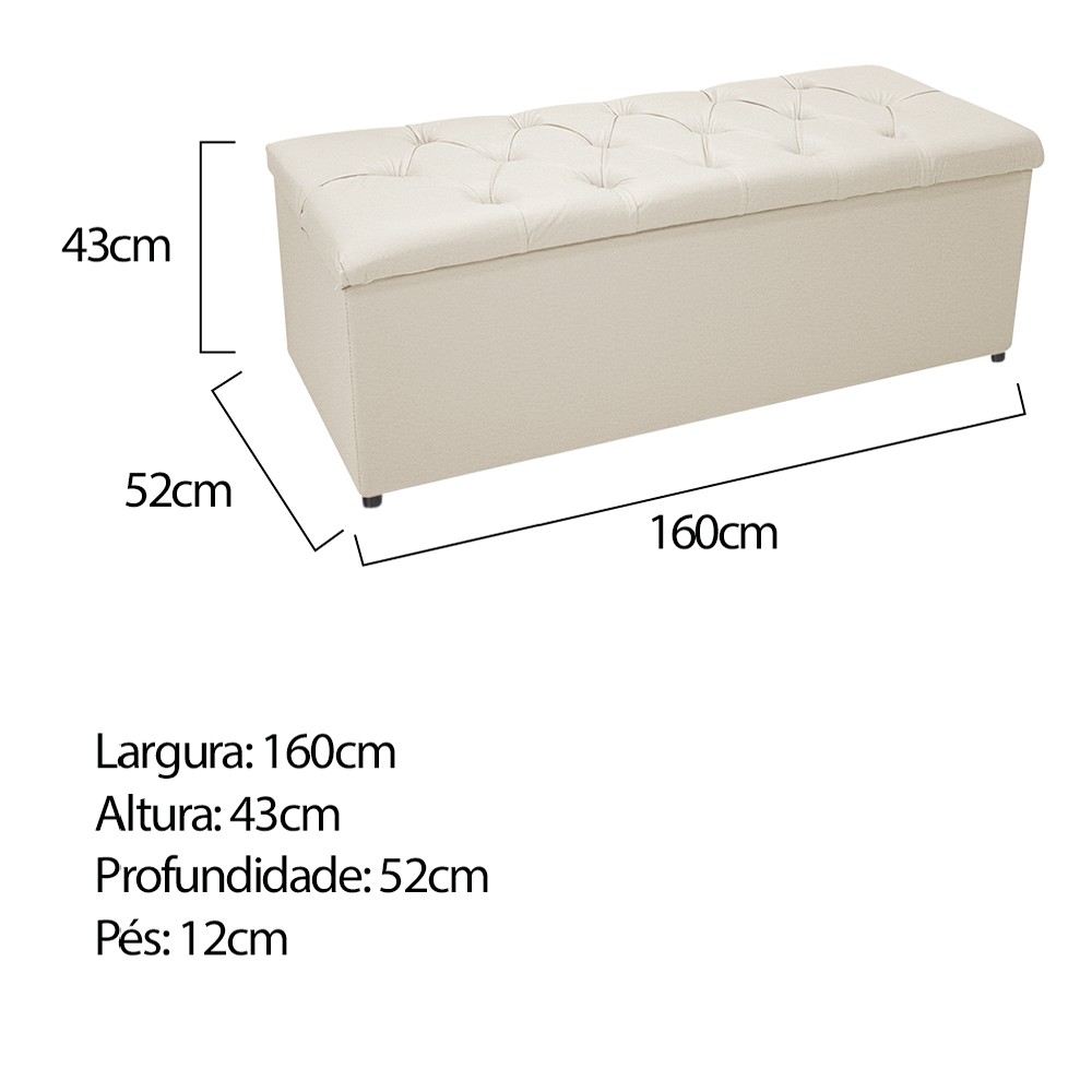 Kit Cabeceira e Calçadeira Baú Estofada Mel 160 cm Queen Size Com Capitonê Corano Bege - Amarena Móveis