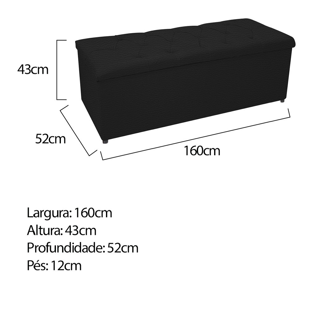 Kit Cabeceira e Calçadeira Baú Estofada Mel 160 cm Queen Size Com Capitonê Corano Preto - Amarena Móveis