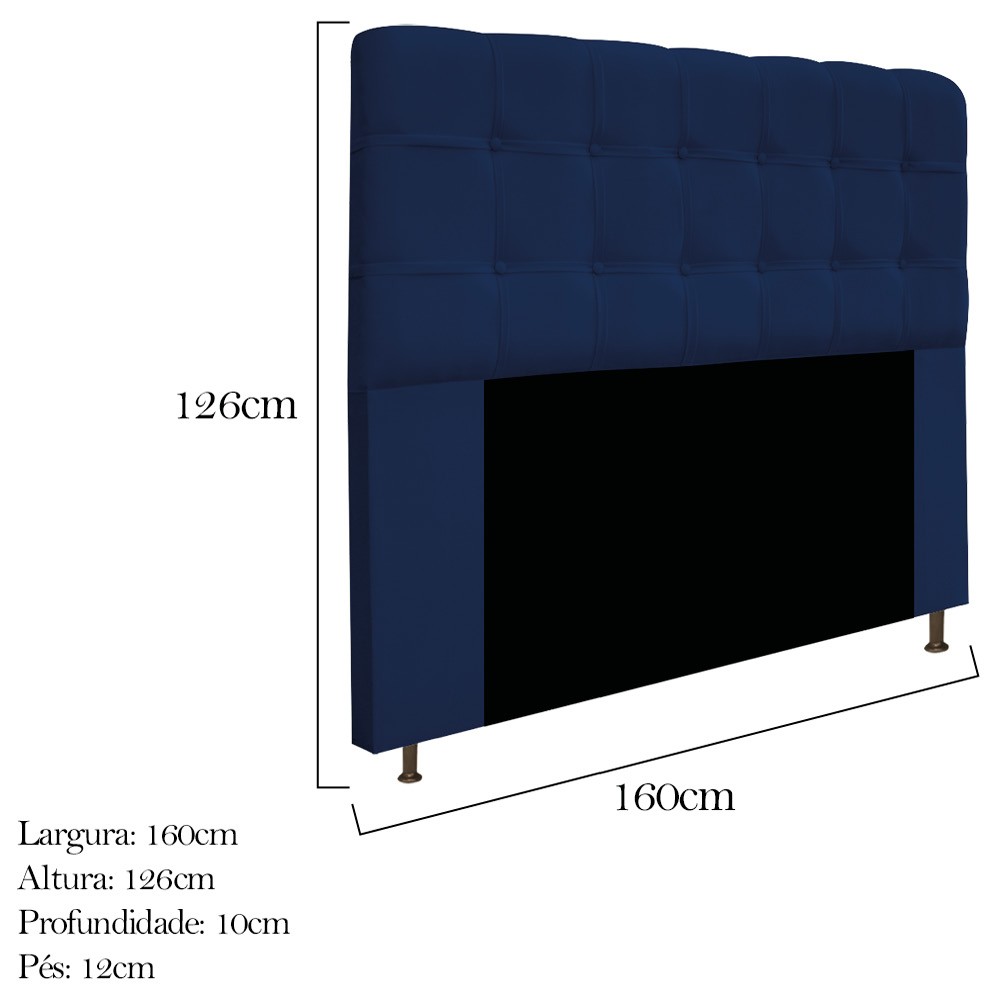 Kit Cabeceira e Calçadeira Baú Estofada Mel 160 cm Queen Size Com Capitonê Suede Azul Marinho - Amarena Móveis