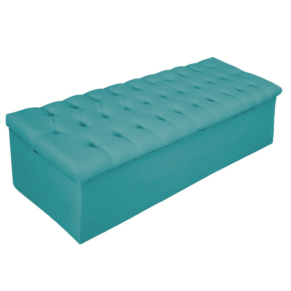 Kit Cabeceira e Calçadeira Baú Estofada Mel 160 cm Queen Size Com Capitonê Suede Azul Turquesa - Amarena Móveis