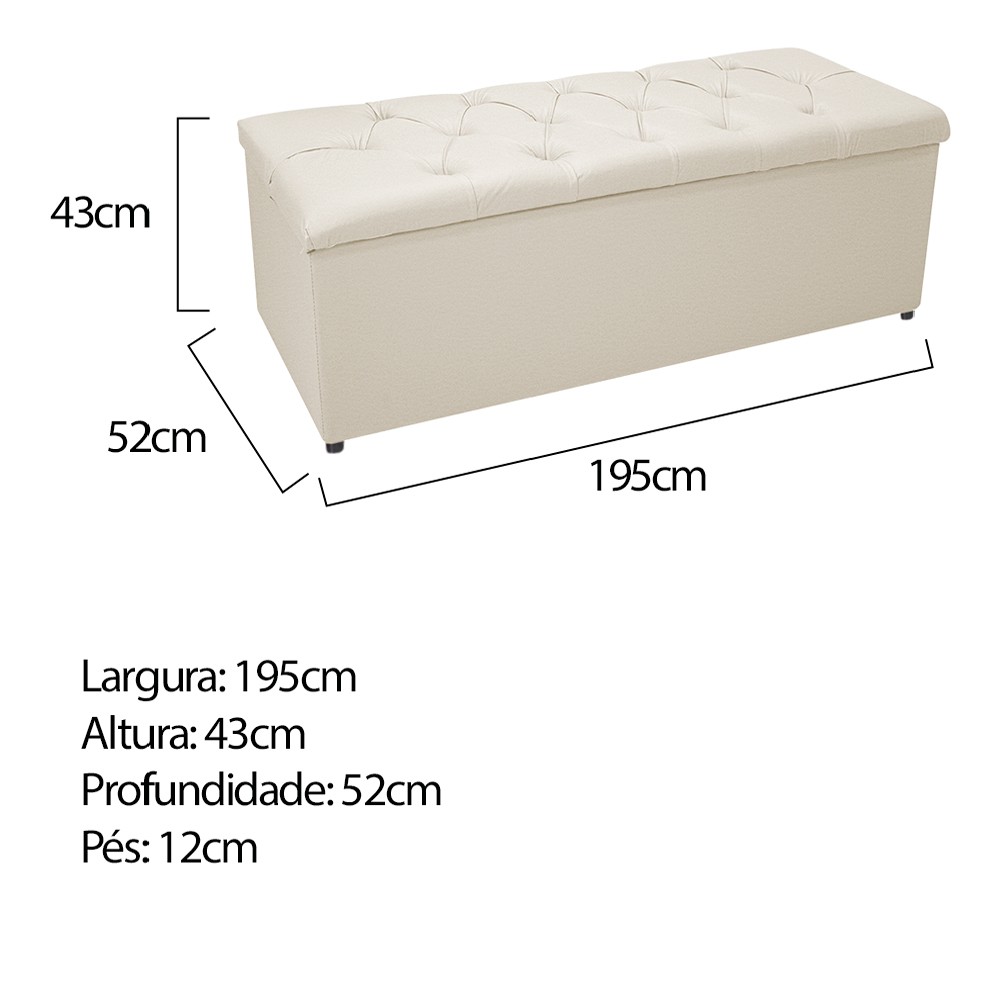 Kit Cabeceira e Calçadeira Baú Estofada Mel 195 cm King Size Com Capitonê Corano Bege - Amarena Móveis