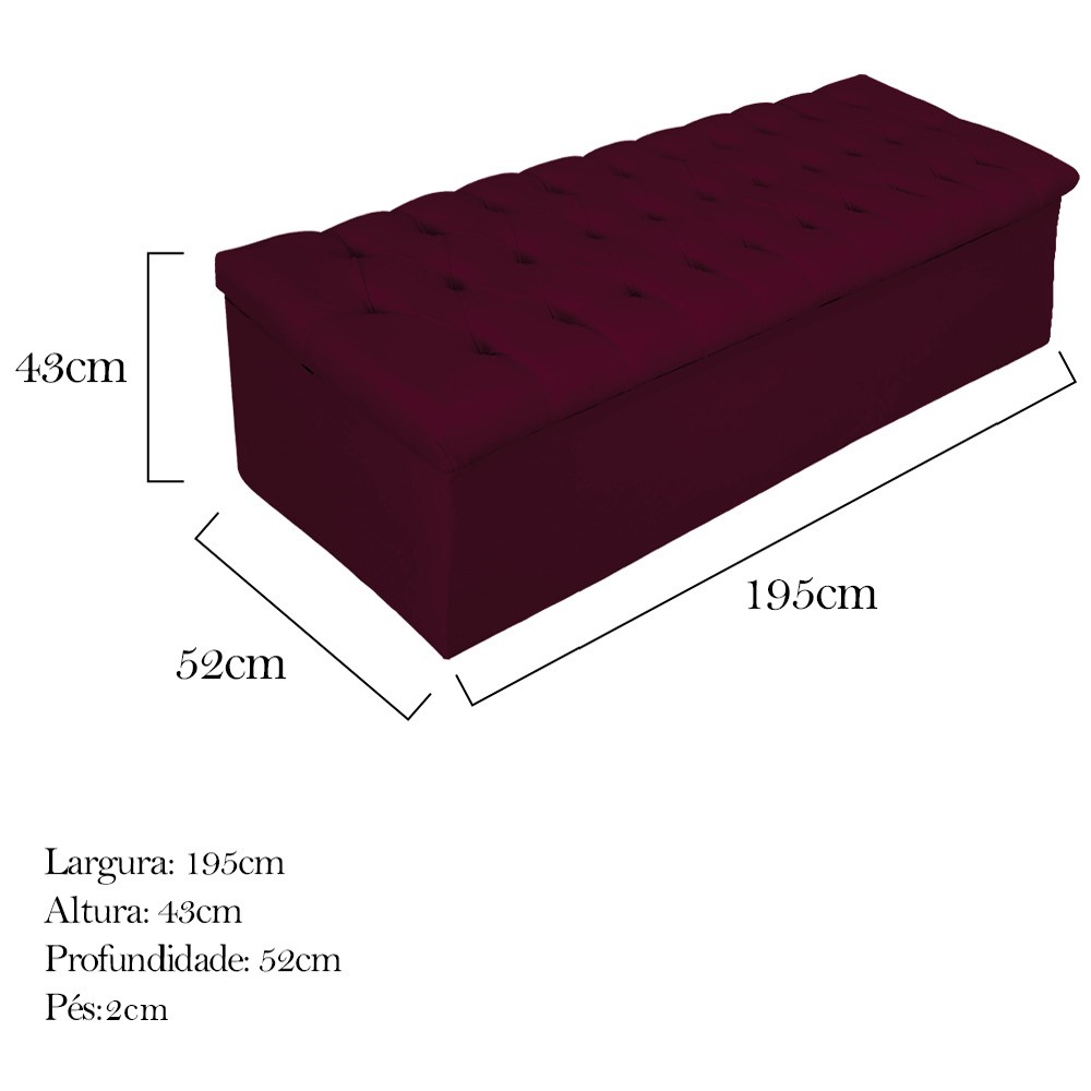 Kit Cabeceira e Calçadeira Baú Estofada Mel 195 cm King Size Com Capitonê Suede Bordô - Amarena Móveis