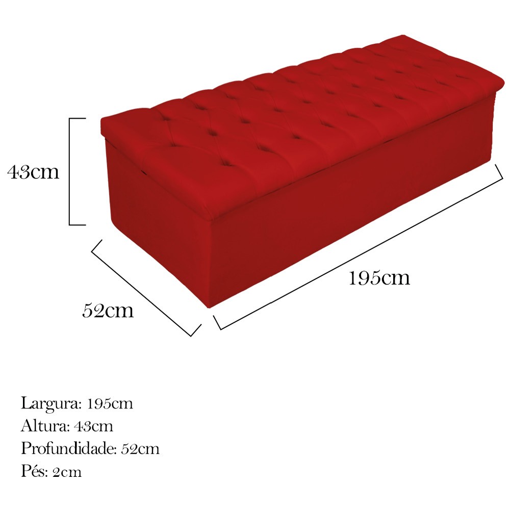Kit Cabeceira e Calçadeira Baú Estofada Mel 195 cm King Size Com Capitonê Suede Vermelho - Amarena Móveis