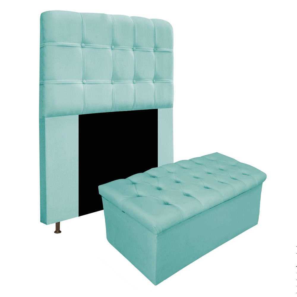 Kit Cabeceira e Calçadeira Baú Estofada Mel 90 cm Solteiro Com Botonê  Suede Azul Tiffany - Amarena Móveis