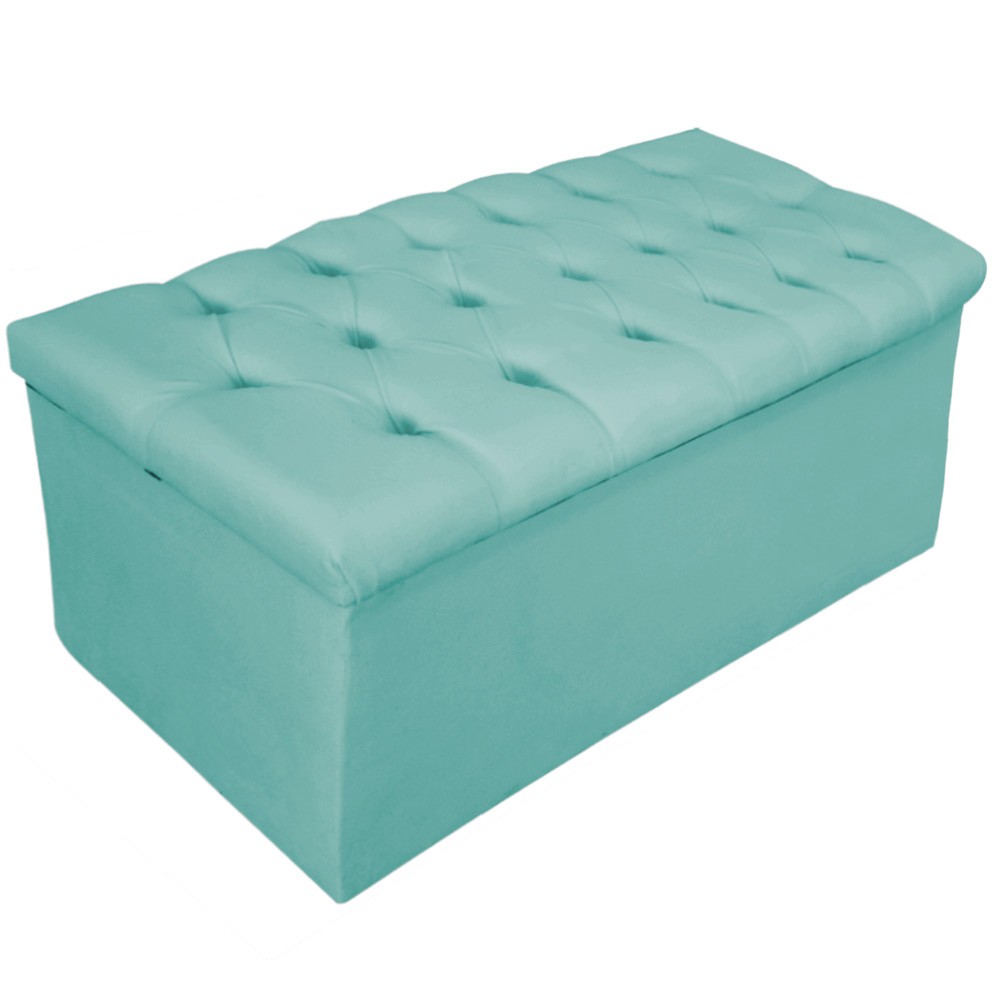 Kit Cabeceira e Calçadeira Baú Estofada Mel 90 cm Solteiro Com Botonê  Suede Azul Tiffany - Amarena Móveis