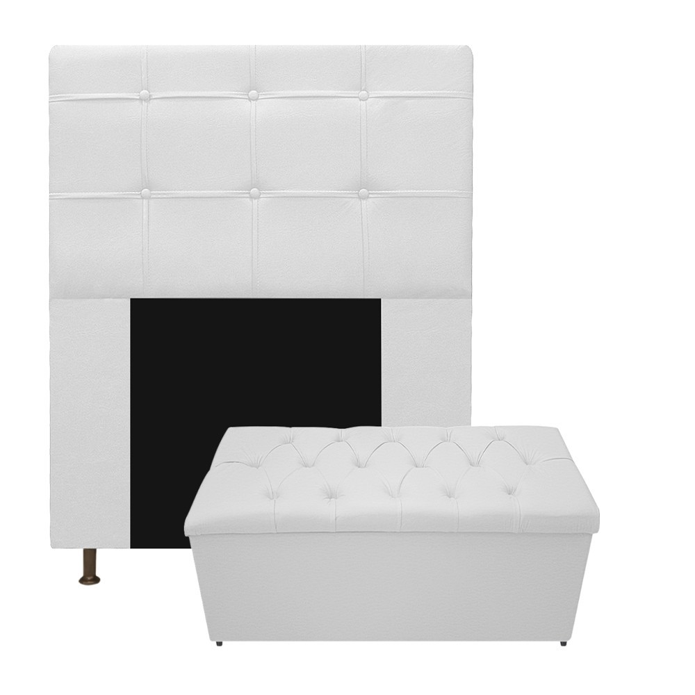 Kit Cabeceira e Calçadeira Baú Estofada Mel 90 cm Solteiro Com Capitonê Corano Branco - Amarena Móveis