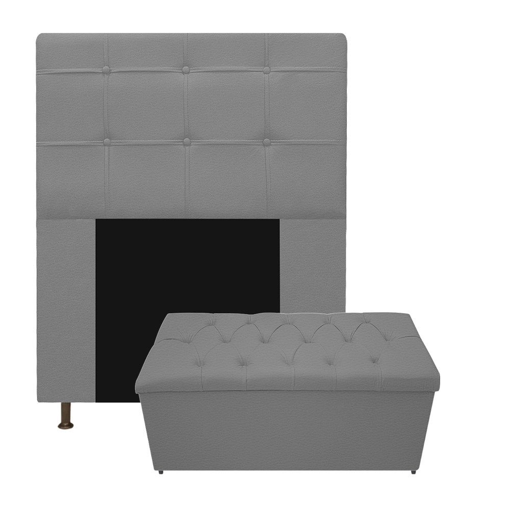 Kit Cabeceira e Calçadeira Baú Estofada Mel 90 cm Solteiro Com Capitonê Corano Cinza - Amarena Móveis