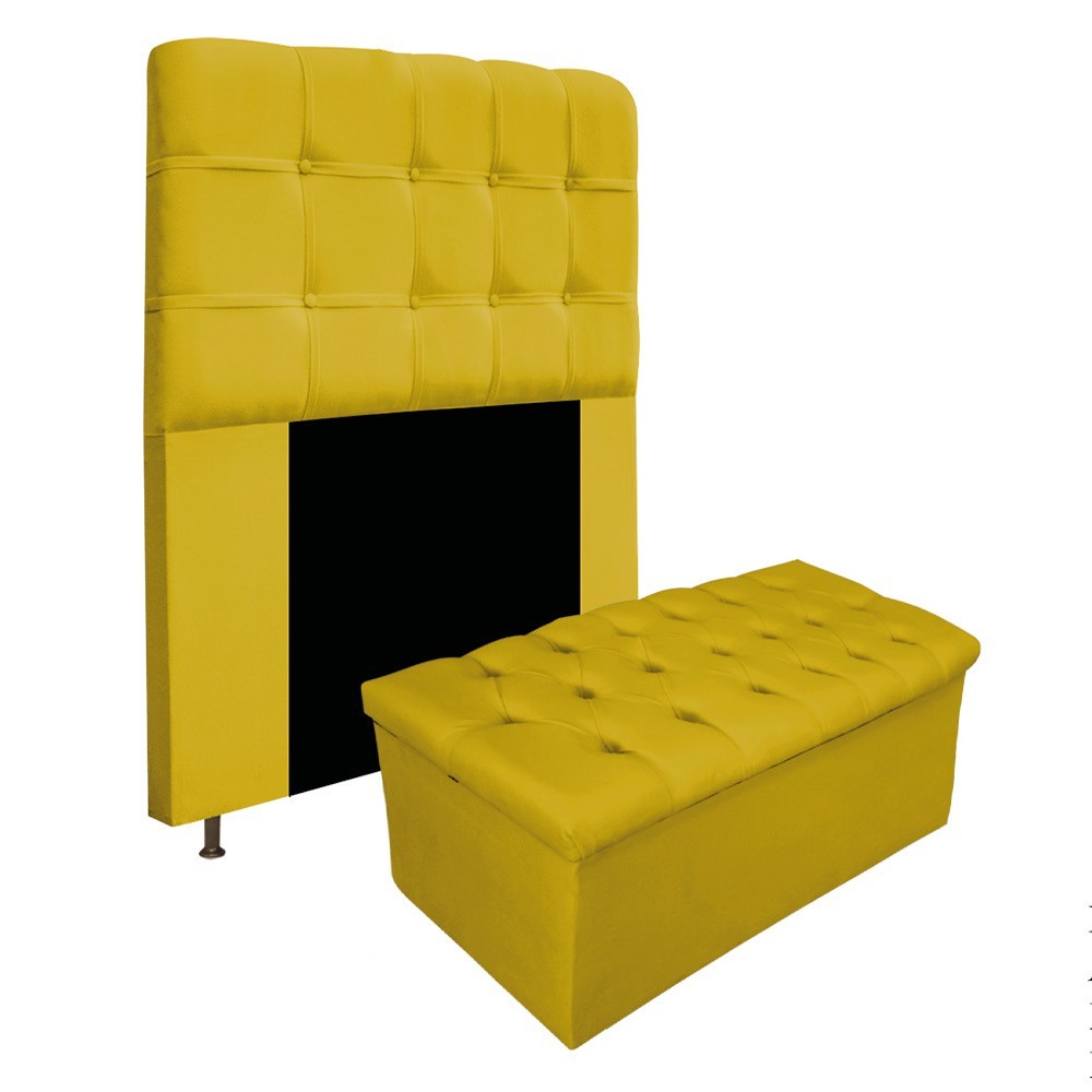 Kit Cabeceira e Calçadeira Baú Estofada Mel 90 cm Solteiro Com Capitonê Suede Amarelo - Amarena Móveis