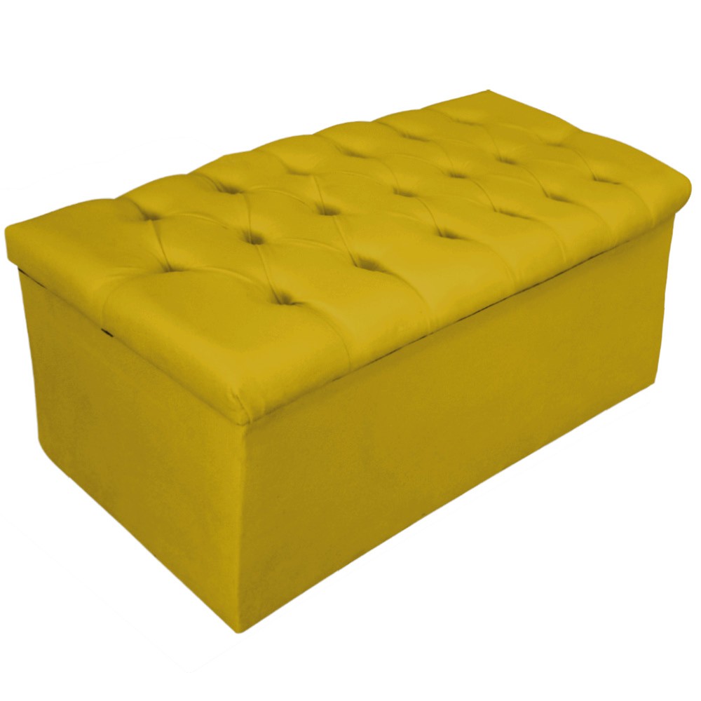 Kit Cabeceira e Calçadeira Baú Estofada Mel 90 cm Solteiro Com Capitonê Suede Amarelo - Amarena Móveis