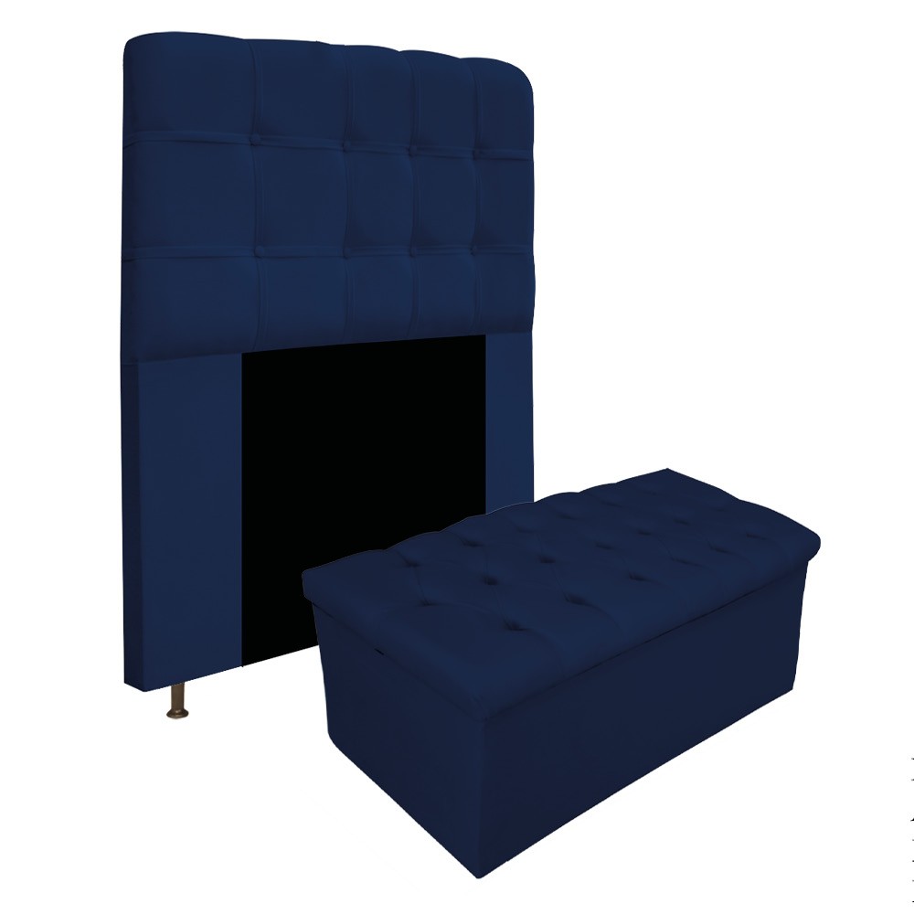 Kit Cabeceira e Calçadeira Baú Estofada Mel 90 cm Solteiro Com Capitonê Suede Azul Marinho - Amarena Móveis