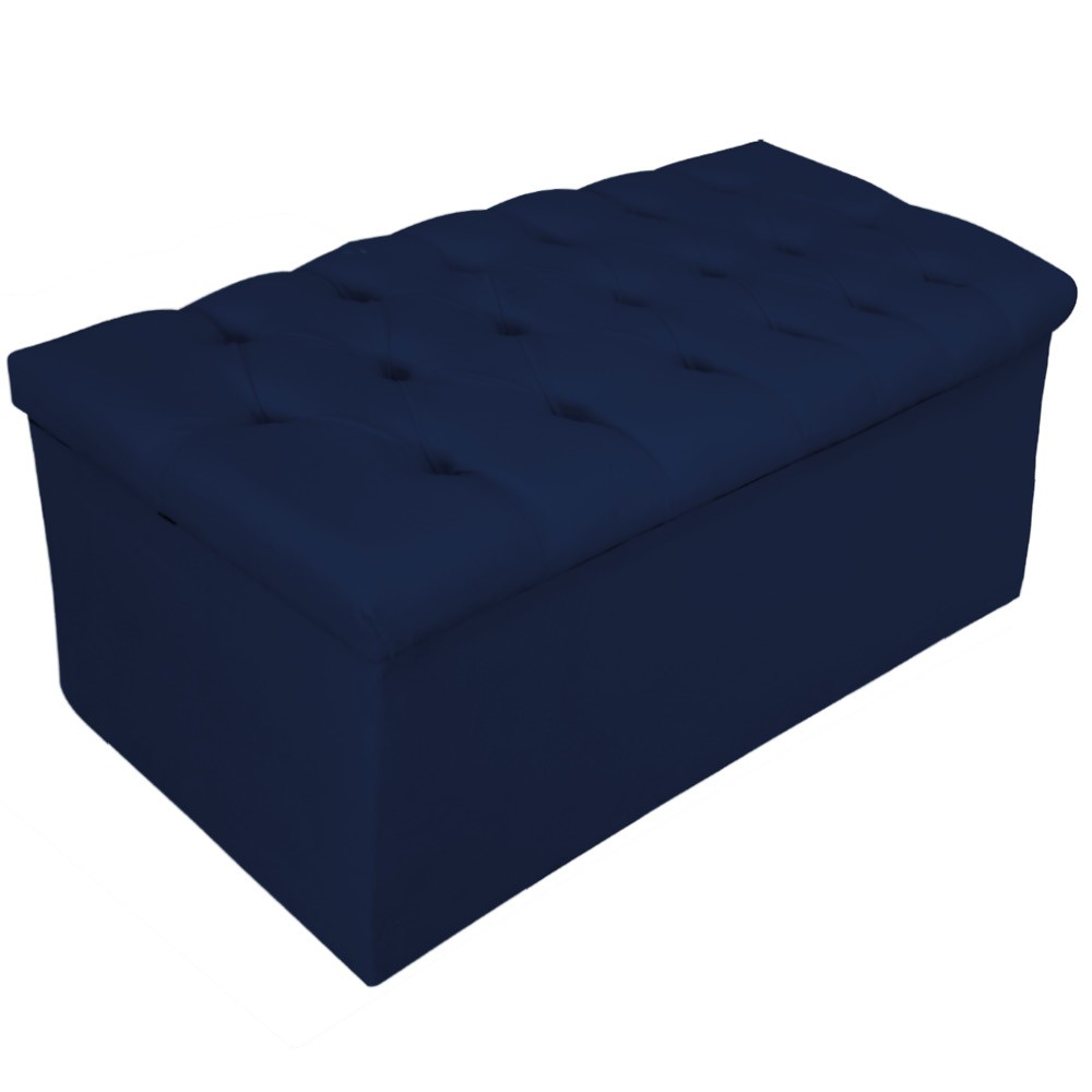 Kit Cabeceira e Calçadeira Baú Estofada Mel 90 cm Solteiro Com Capitonê Suede Azul Marinho - Amarena Móveis