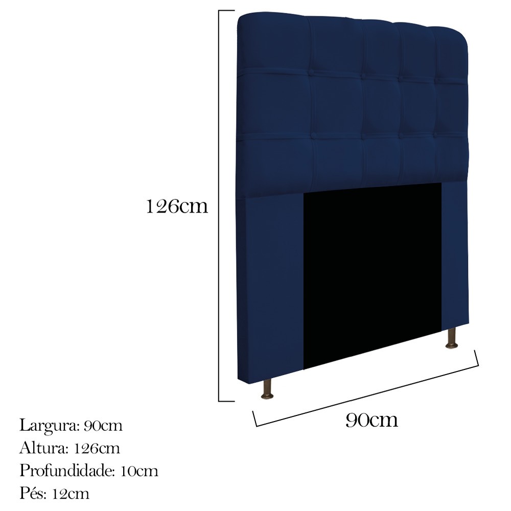 Kit Cabeceira e Calçadeira Baú Estofada Mel 90 cm Solteiro Com Capitonê Suede Azul Marinho - Amarena Móveis