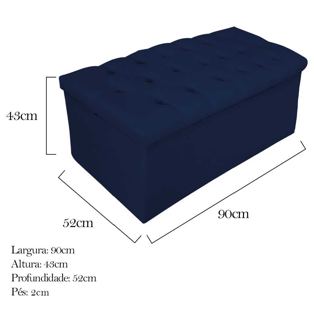 Kit Cabeceira e Calçadeira Baú Estofada Mel 90 cm Solteiro Com Capitonê Suede Azul Marinho - Amarena Móveis